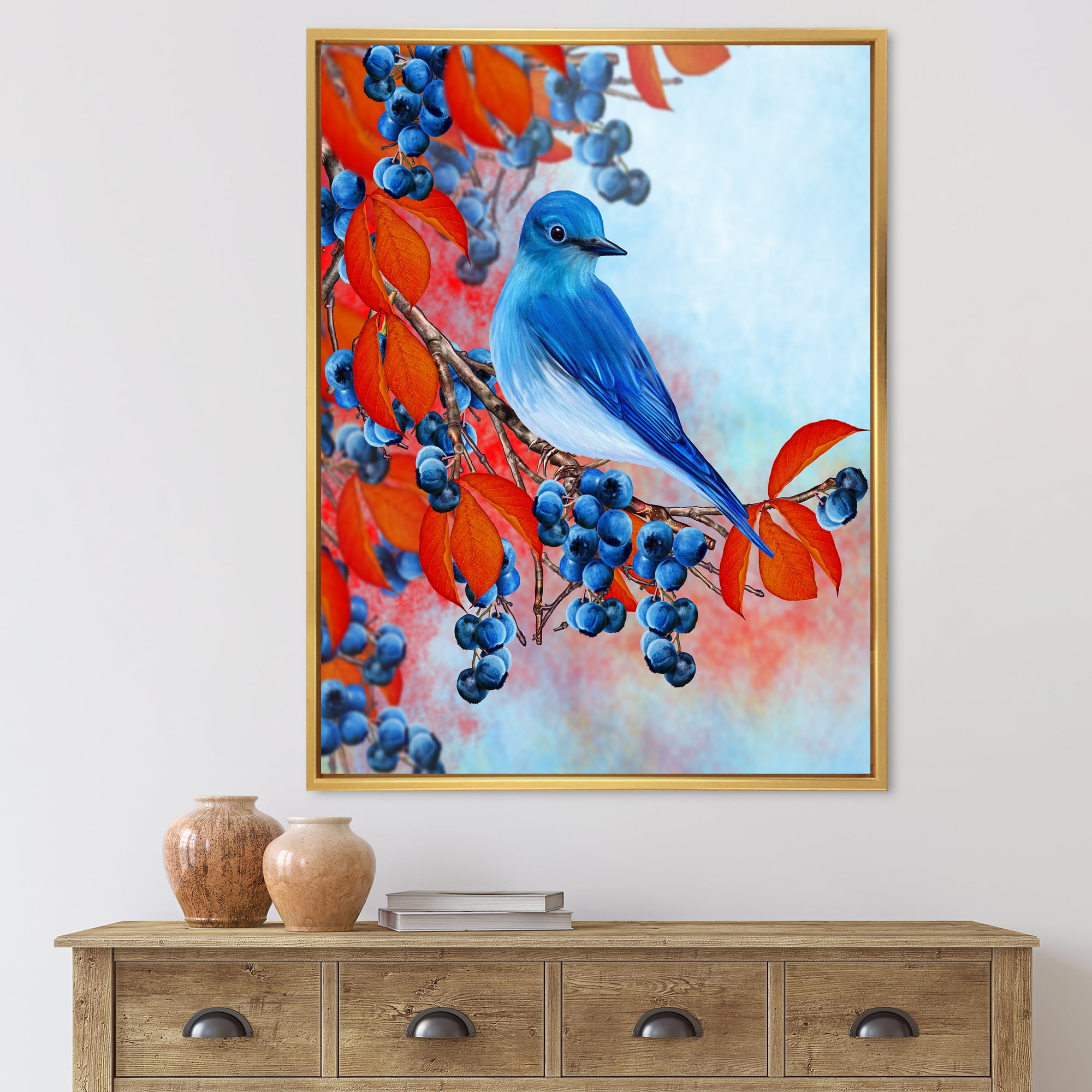 Designart 'Bright Bird Bullfinch Sitting On A Branch of Berries III' Traditional Framed Canvas Wall Art Print