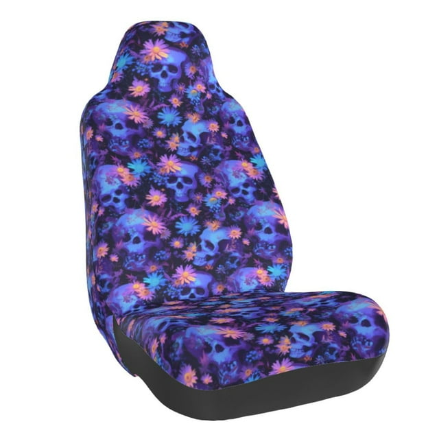 Wukai Skull daisy purple Full Set Car Seat Covers with Soft Padding Universal Auto Front Seats Protector and Cushion Mat