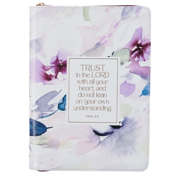 Christian Art Gifts Purple Vegan Leather Zipped Journal, Inspirational Womens Notebook Floral Trust in the Lord Scripture, Flexible Cover, 336 Ruled Pages, Ribbon Bookmark, Prov. 3:5 Bible Verse