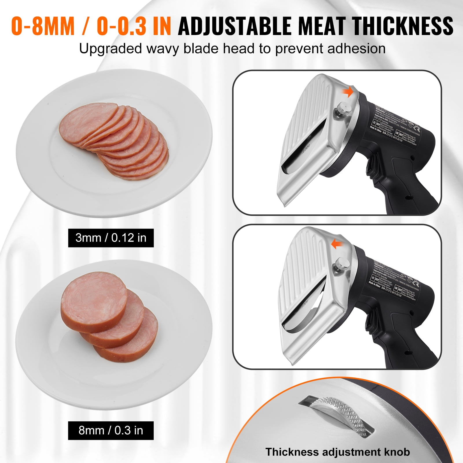 VEVOR Electric Shawarma Knife, 80W Cordless Battery Professional Turkish Knife, Commercial Stainless Steel Gyro Cutter, Doner Kebab Meat Slicer with 2 Blades, Φ4"/100mm,0-8mm Adjustable Thickness