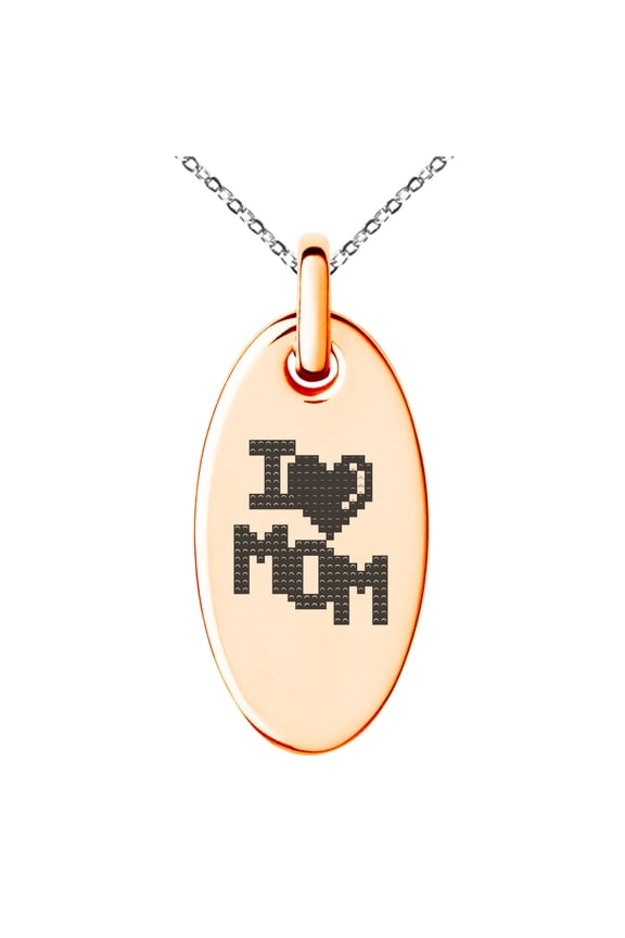 Gold Plated Stainless Steel Pixel I Heart Mom Small Oval Charm Pendant Necklace