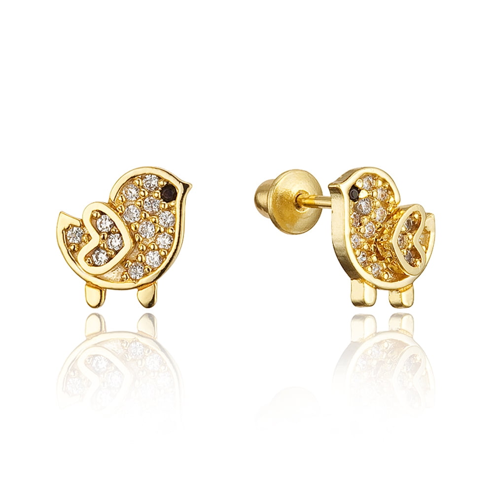 14k Gold Plated Brass Apple CZ Screwback Baby Girls Earrings w Silver Post