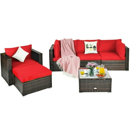 Canddidliike 6 Pieces Patio Furniture Set with Aluminum L-Shaped Footpads Outdoor Patio Sofa Set with Sectional Cushion Conversation Set for Outdoor Red