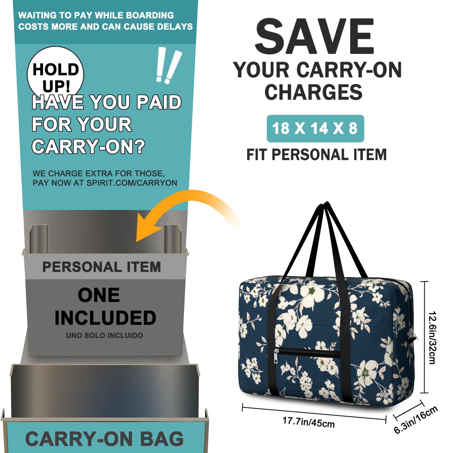 For Spirit Airlines Personal Item Bag 18x14x8 Inch, Floral Weekender Travel Bag, Foldable Travel Duffel Bag Underseat Carry on Bag with Luggage Sleeve for Women and Men 30L
