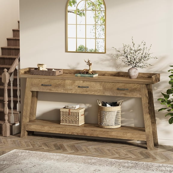 Tribesigns 2-Tier Sofa Table with 3 Drawers, 70.9-Inch Extra Long Console Table with Raised Baffle
