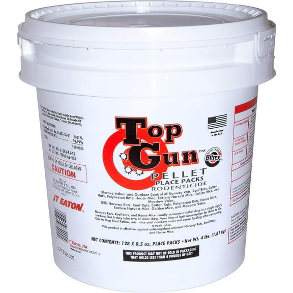 JT Eaton 754 Top Gun Pellet Place Packs Rodenticide Bromethalin Neurological Bait with Stop-Feed Action and Bitrex, For Mice and Rats (Pail of 128)