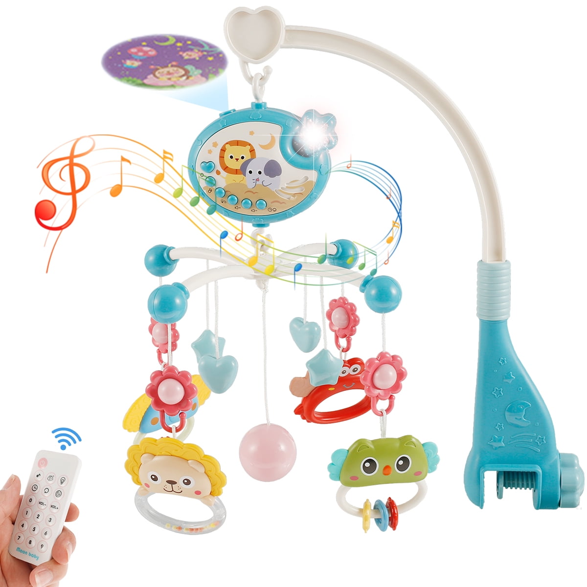 FEBFOXS Baby Crib Mobile with Music and Lights, Mobile for Crib with Remote  Control, Timing Function, Rotation, Hanging Rotating Animals Rattles, Baby