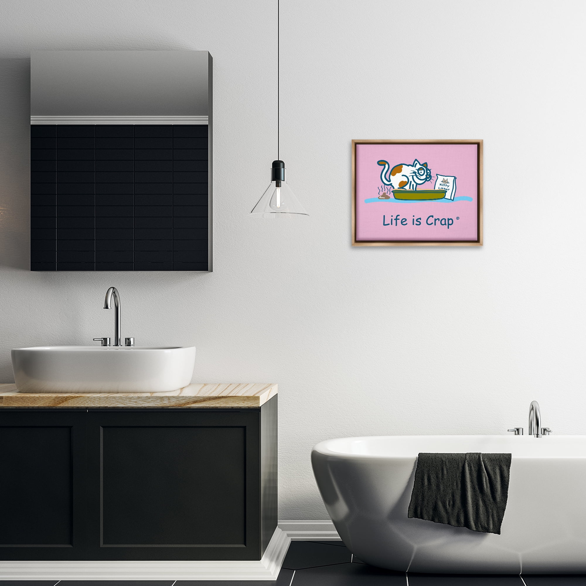 Stupell Industries Kitty Litter Funny Novelty & Humor Painting Brown Floater Framed Canvas Art Print Wall Art, 21 x 17