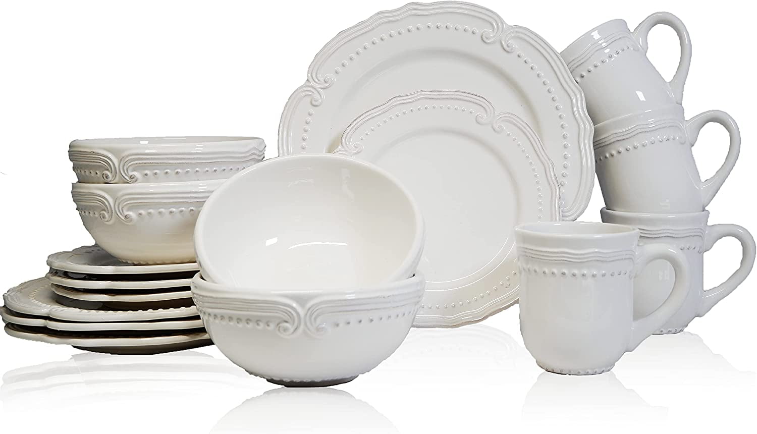 Round Dinnerware Sets White Kitchen Plates, Bowls, and Mugs 16