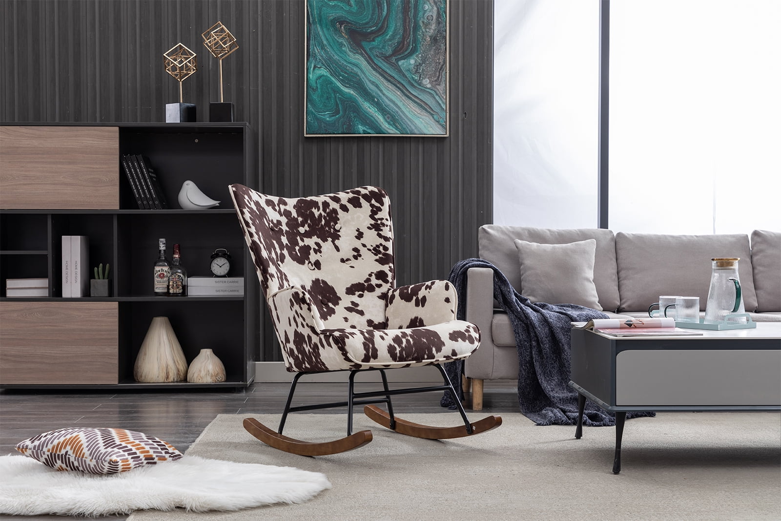 Guyou Modern Rocking Chair, Glider Nursery Chair with Tufted Wingback, Velvet Upholstered Accent Armchair for Living Room Bedroom Nursery, Milk Cow Print