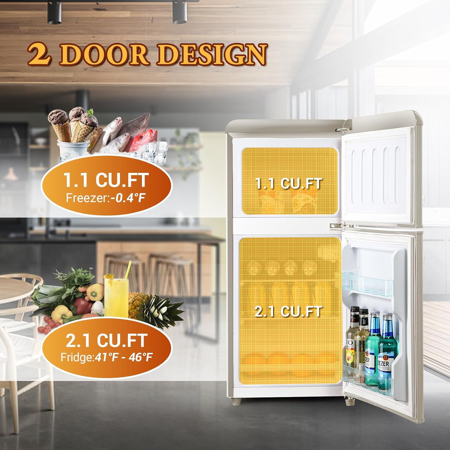 Kcpolre Retro Mini Fridge, 3.0 Cu.ft Small Refrigerator with Freezer Retro Style with 7-Level Adjustable Thermostat, Compact Vintage 2-Door Fridge for Apartments, Dorm, Office, Cream