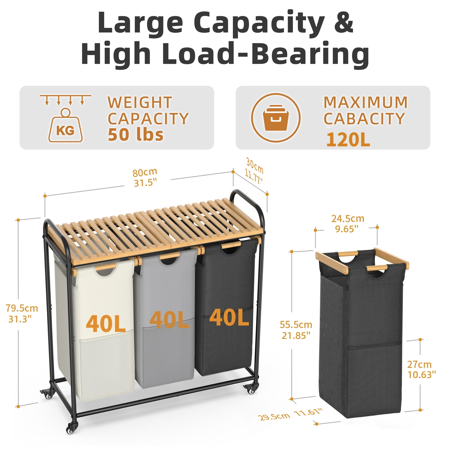 Bamboohomie 3 Compartment Laundry Hamper with Wheels, Rolling Laundry Basket 3 Section Sorter, Black Beige Gray