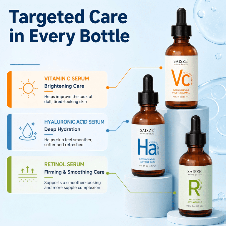 SAISZE Vitamin C, Retinol & Hyaluronic Acid Serum Set, 3x2 fl oz photo 4