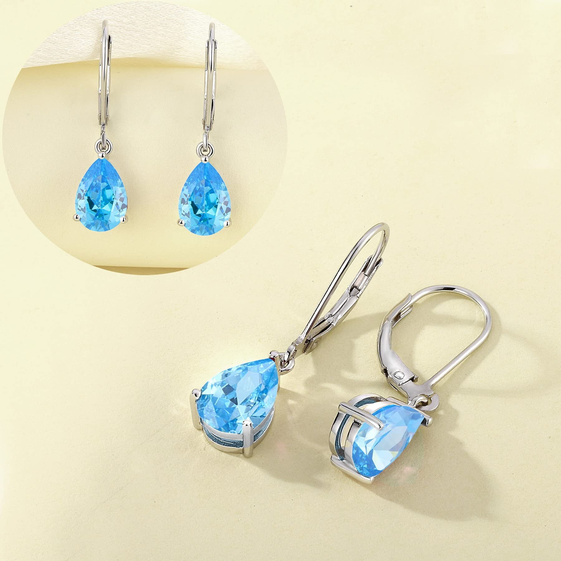 PYNZY Dangle Drop Earrings Sterling Silver Solitaire Leverback Teardrop Earrings for Women Birthstone Created Aquamarine Jewelry Gifts for Moms