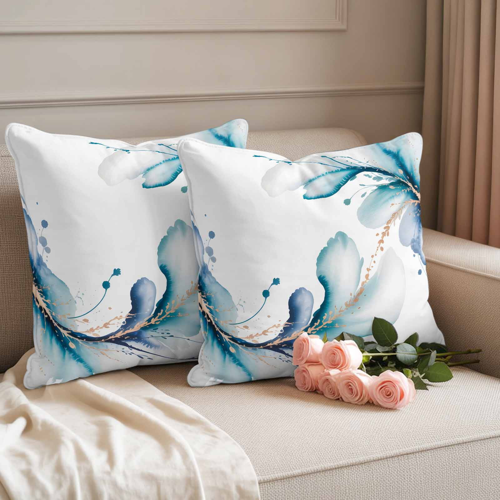 Blue Marble Stone Outdoor Waterproof Throw Pillow Covers 24x24 Set of 2, White Ink Splash Farm Marble Abstract Decorative Pillowcases Cushion Pillowcase for Couch Sofa Patio Outside Pillow Protector