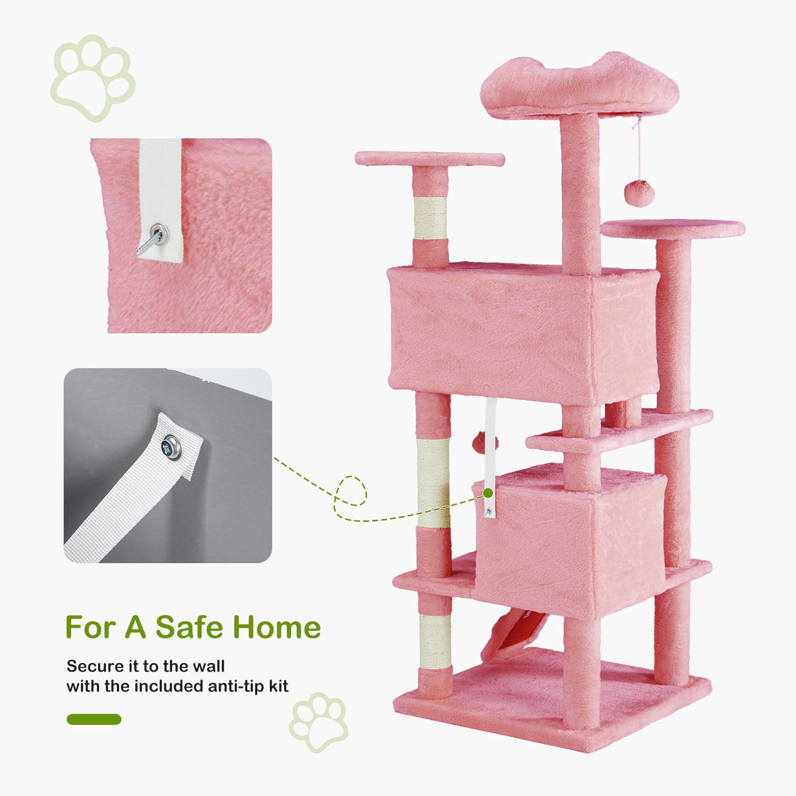 GIANNA 54" Indoor Cat Tree Tower with Multiple Levels, Sisal Scratching Post, Spacious Condo, Climbing Ramp, Kitten Toy, Pink
