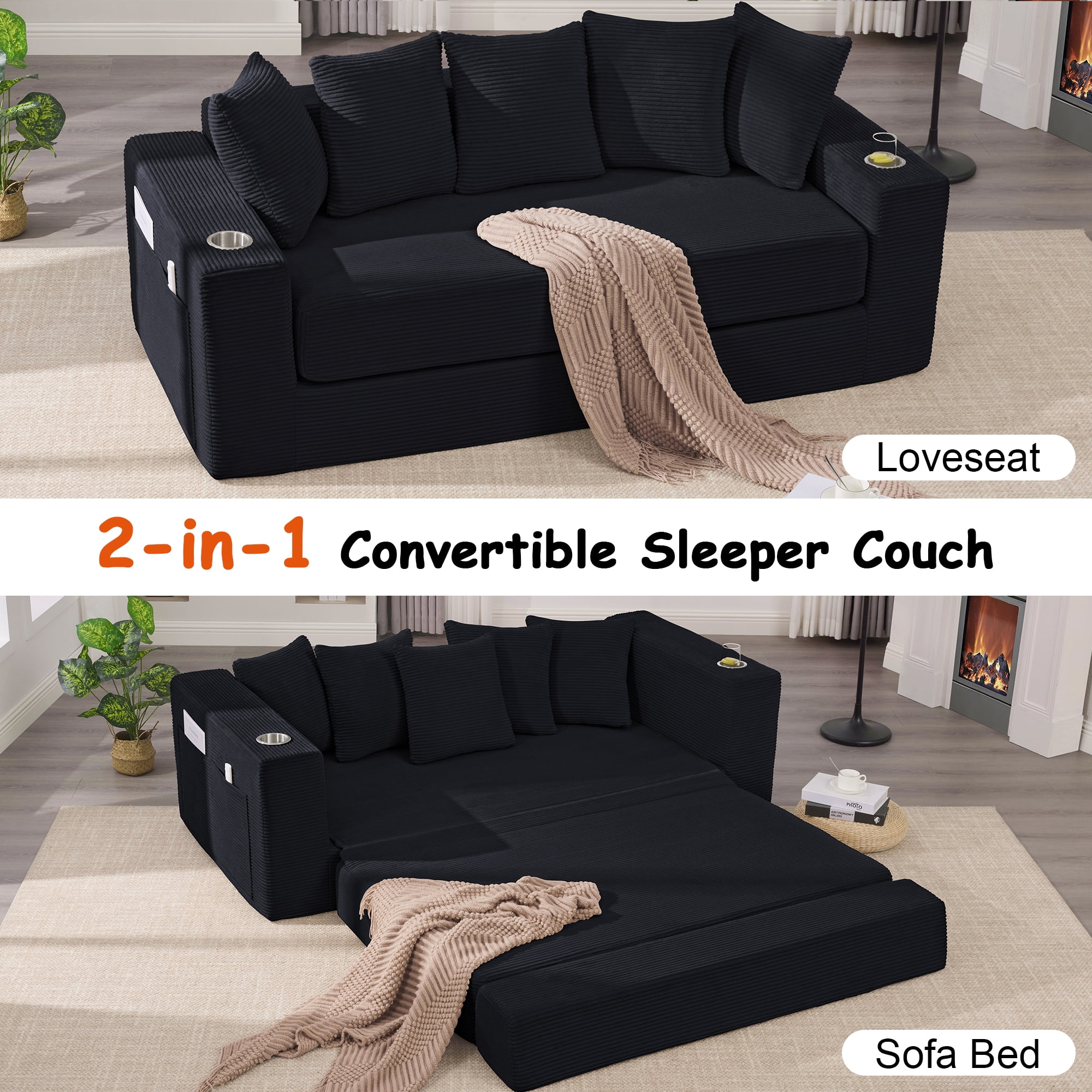 Leumius 76" Convertible Sofa Bed,Corduroy Boneless Couch with Cup Holders & Pocket,2-in-1 Sleeper Sofa Pull-out Couch Bed with 5 Pillows, Living Room, Small Spaces, Bedroom, No Assembly,Black