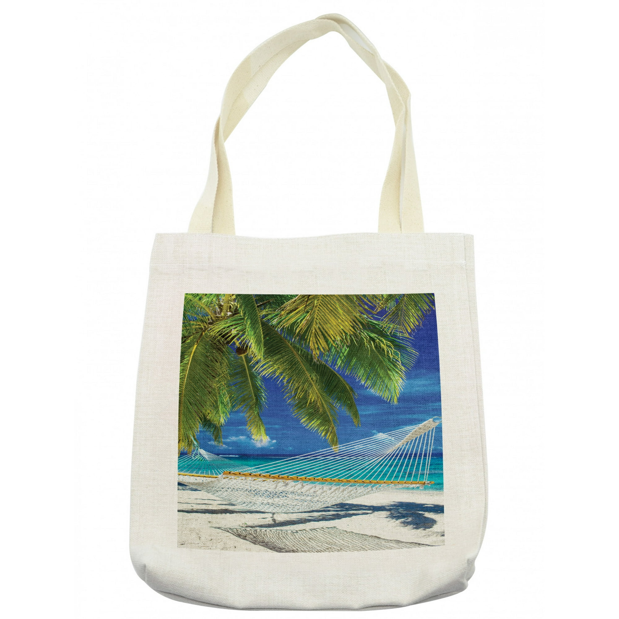 Beach Tote Bag, Hammock on The Sandy Beach Between Palm Coconut Overlooking Sea Nature Art, Cloth Linen Reusable Bag for Shopping Books Beach and More