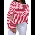 thumbnail image 2 of Suéter Vintage A Rayas para Mujer, Cuello Redondo, Larga, Corte en Bloque de Color, Informal, Holgado, de Punto Rojo M, 2 of 7