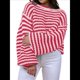 thumbnail image 2 of Suéter Vintage A Rayas para Mujer, Cuello Redondo, Larga, Corte en Bloque de Color, Informal, Holgado, de Punto Rojo S, 2 of 7