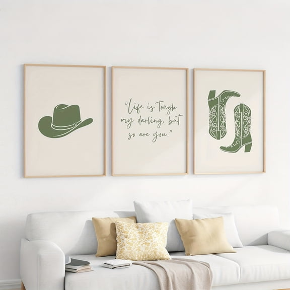 3pcs/set Western Fashion Canvas Wall Art Set, Green Girly Fashion Western Art Mural, Wild West Cowgirl Boots Print, Canvas Home Print for Home Office, Living Room, Bedroom Decoration, Unframed