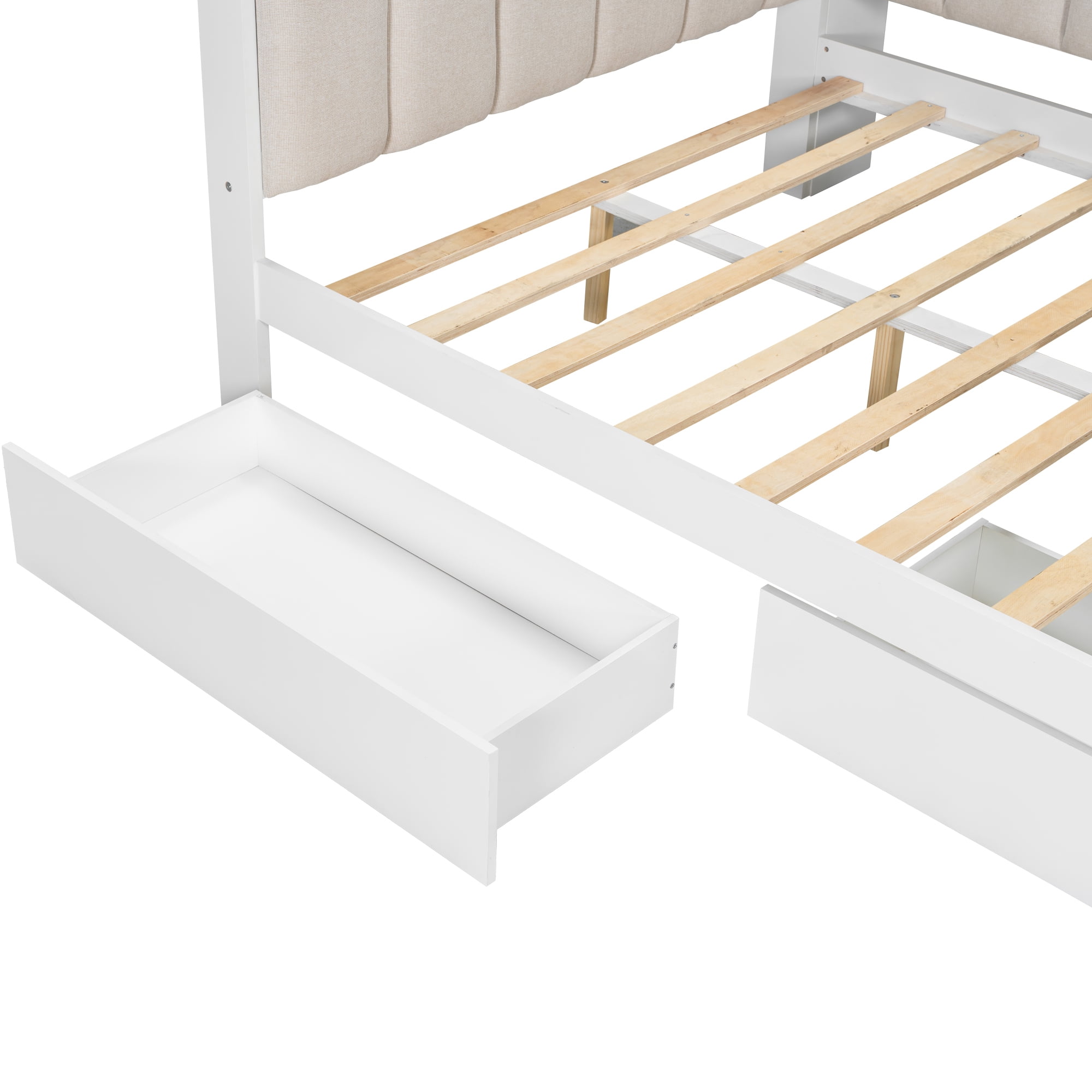 Euroco Wood Full Size Daybed with Storage Desk and Shelves, Bed with Upholstered Headboard and Backrest, LED Light, USB Ports and Drawers, White