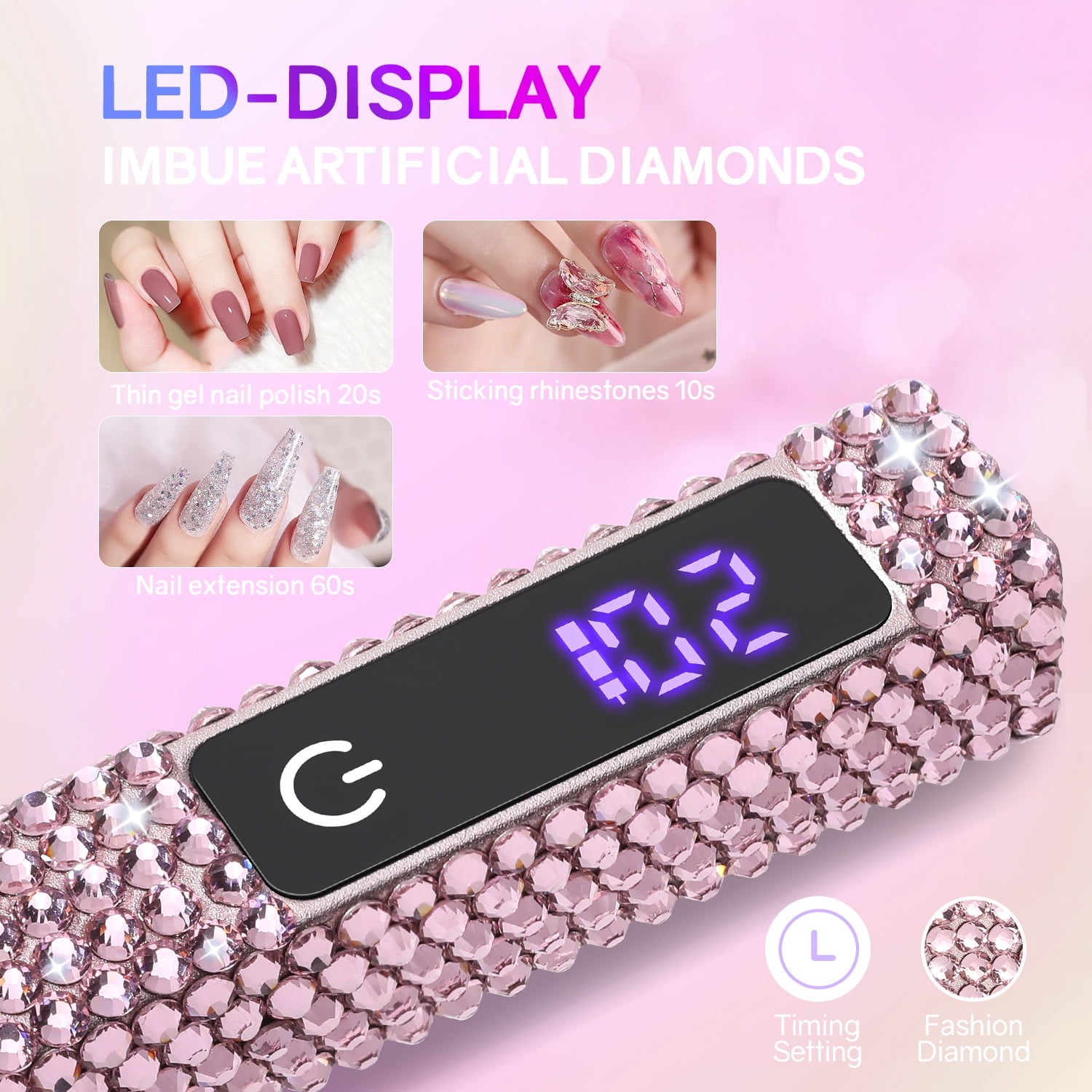 PRYZUNA Mini Crystal LED UV Nail Lamp – Portable Gel Polish Dryer with Touch Timer, USB-C Rechargeable Design with Rhinestone Finish