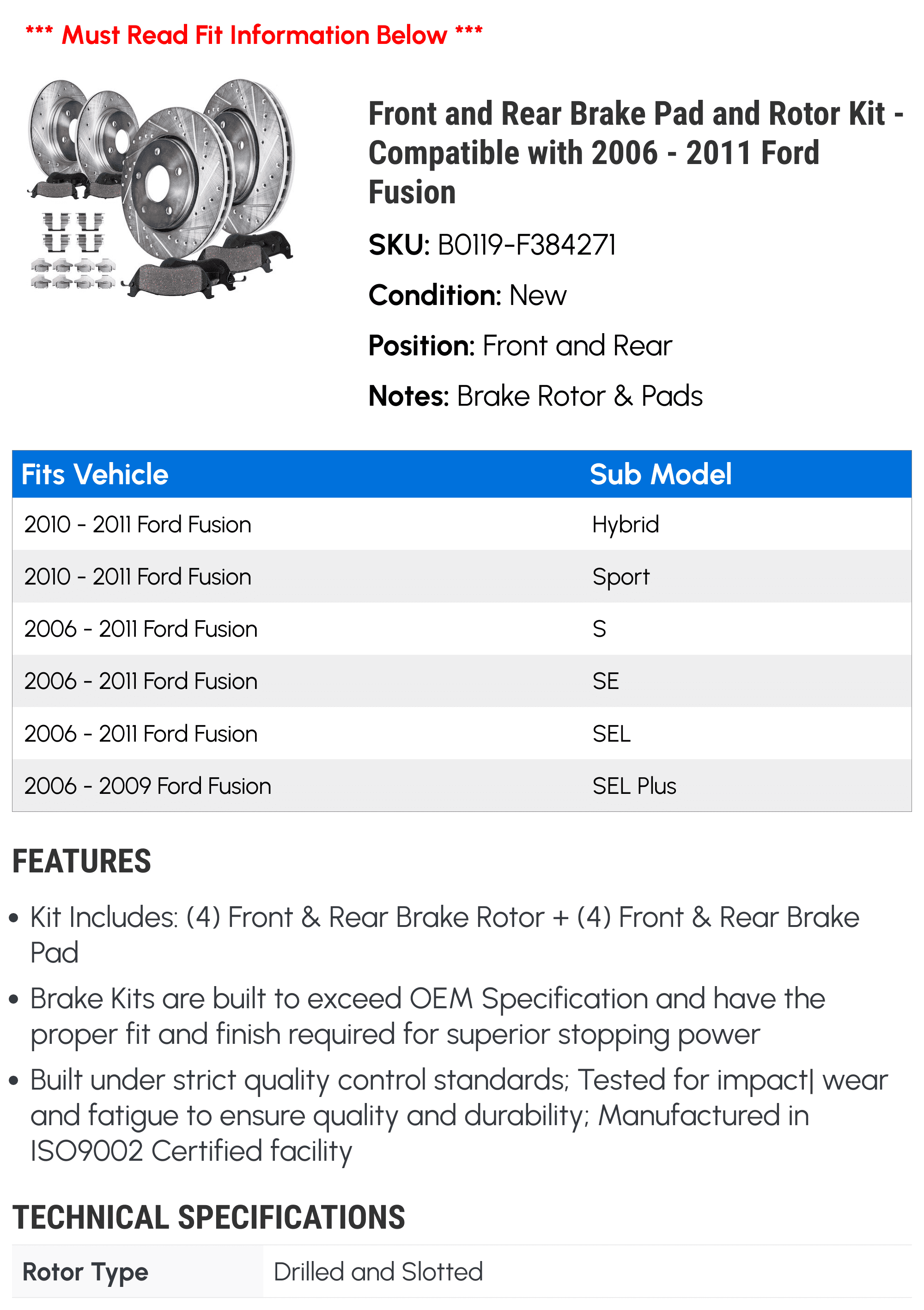 Rear Brake Disc & Ceramic Pad Kit – Fits 2006-2010 Ford Fusion, Mercury Milan, Lincoln MKZ – Direct Replacement – Evan-Fischer