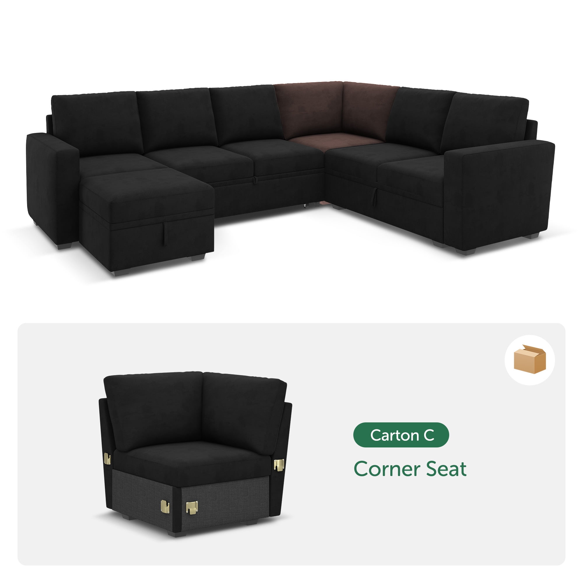 HONBAY Corner Seat Module for Modular Sectional Sleeper Sofa, Velvet Black