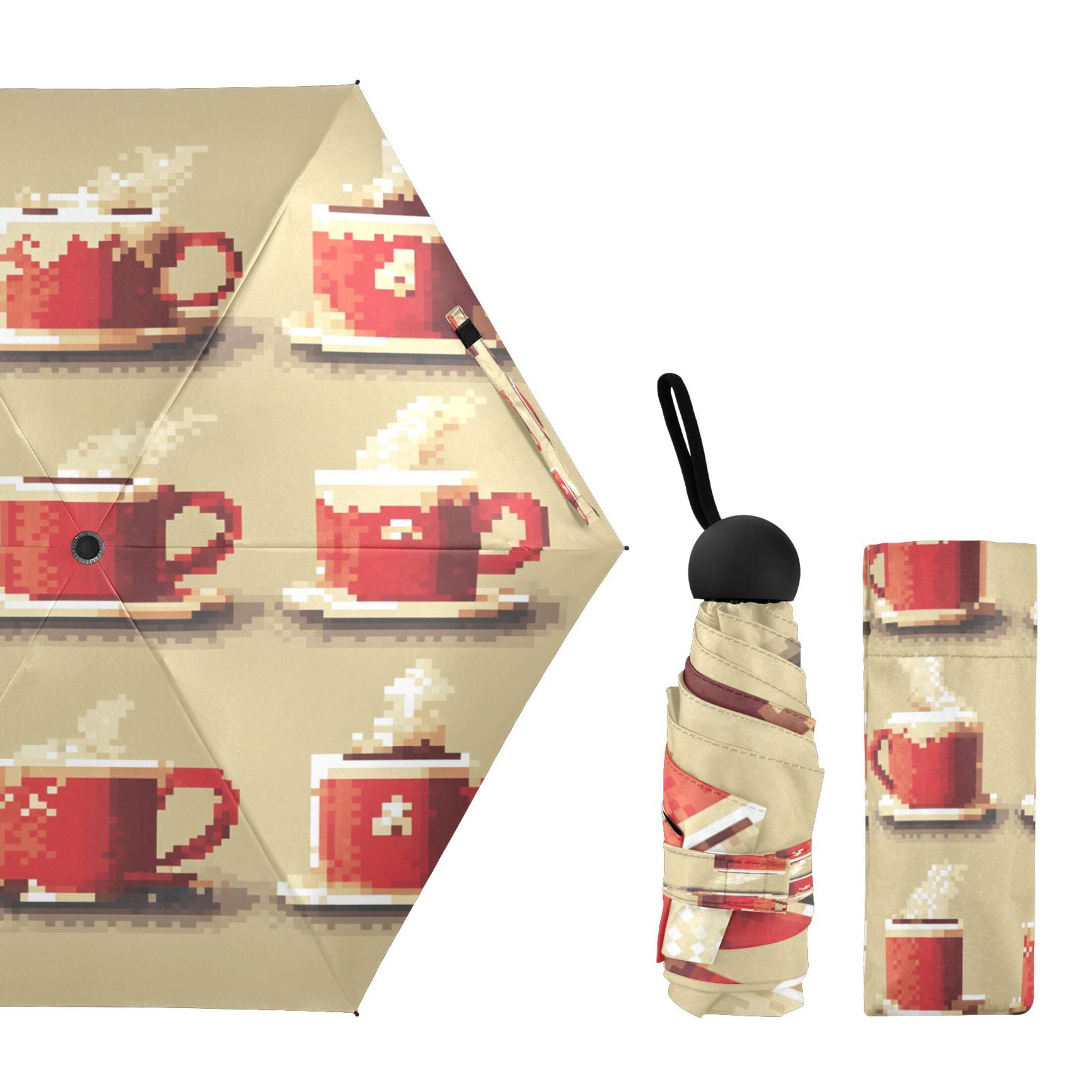 Coffee Cups Umbrellas for Sun Auto Open Close UV50+ Waterproof 5-Fold Compact Fiberglass Frame