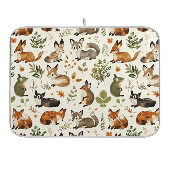 Cute Fox and Plant Dish Drying Mat 16x18 Absorbent Microfiber Draining Rack Pad for Kitchen Counter Sink