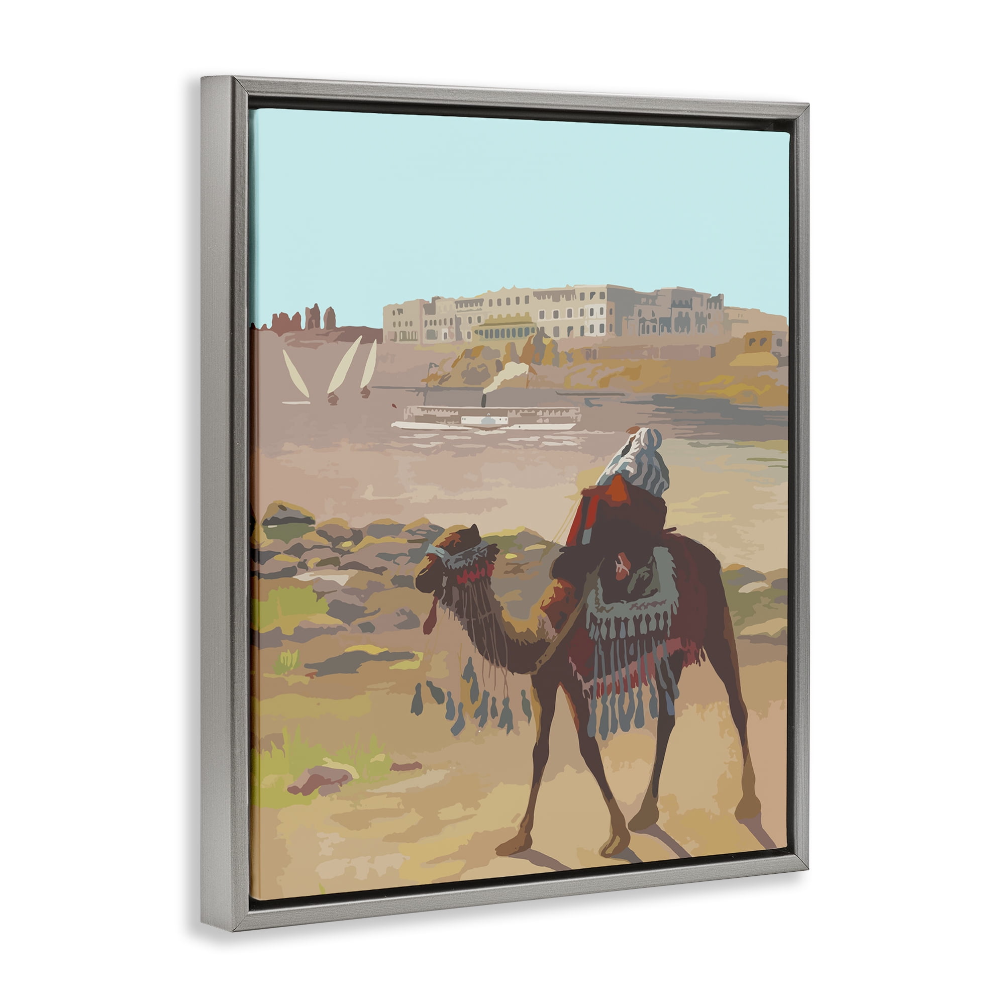 Stupell Industries Camel in Desert Town Landscape Painting Gray Floater Framed Art Print Wall Art, 17 x 21