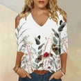 thumbnail image 3 of Dvprdro Women's Casual 3/4 Sleeve Off-Shoulder Tops Trendy Floral Printed V-Neck Cut Out Comfortable Stylish Tops for Women Blue S, 3 of 5