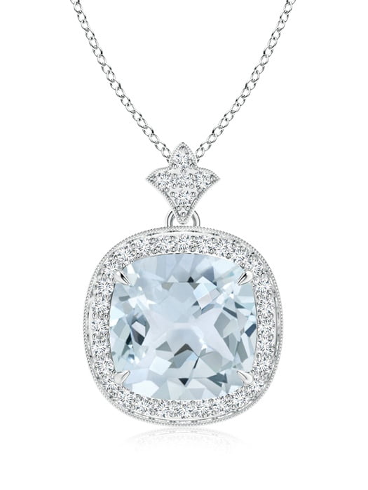 March Birthstone Pendant Necklaces Claw Set Aquamarine Diamond Pendant with Milgrain Detailing in 950 Platinum (10mm... by Angara.com