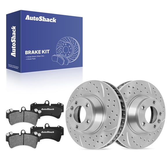 AutoShack Front Vented Drilled & Slotted Silver Zinc Coated Brake Rotors   Premium Ceramic Pads 6-PC Brake Kit Replacement for 2007-2015 Audi Q7 SilverShield Pro 13.77" (349.7 mm)