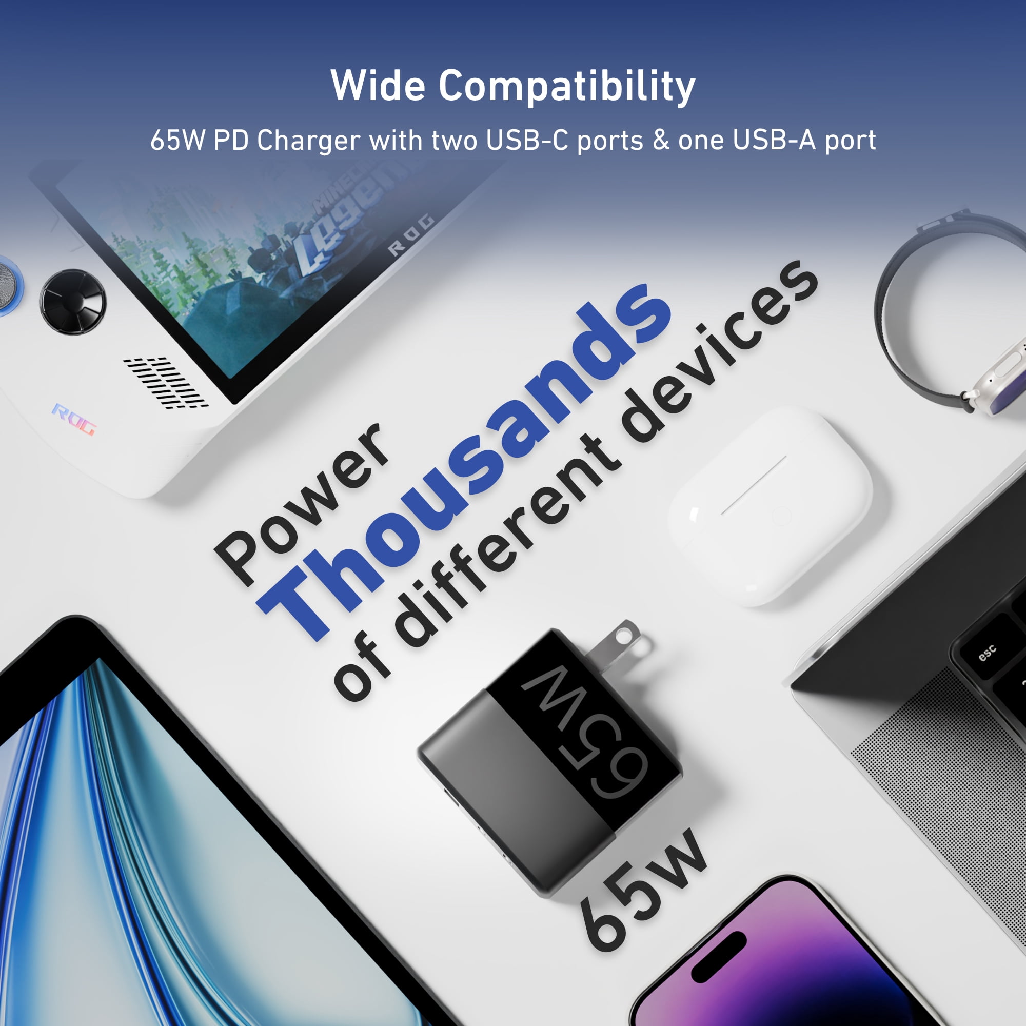 CODi 65W GaN Triple Port Wall Charger | USB-C & USB-A Fast Charging, Quick Charge 3.0, Universal Compatibility