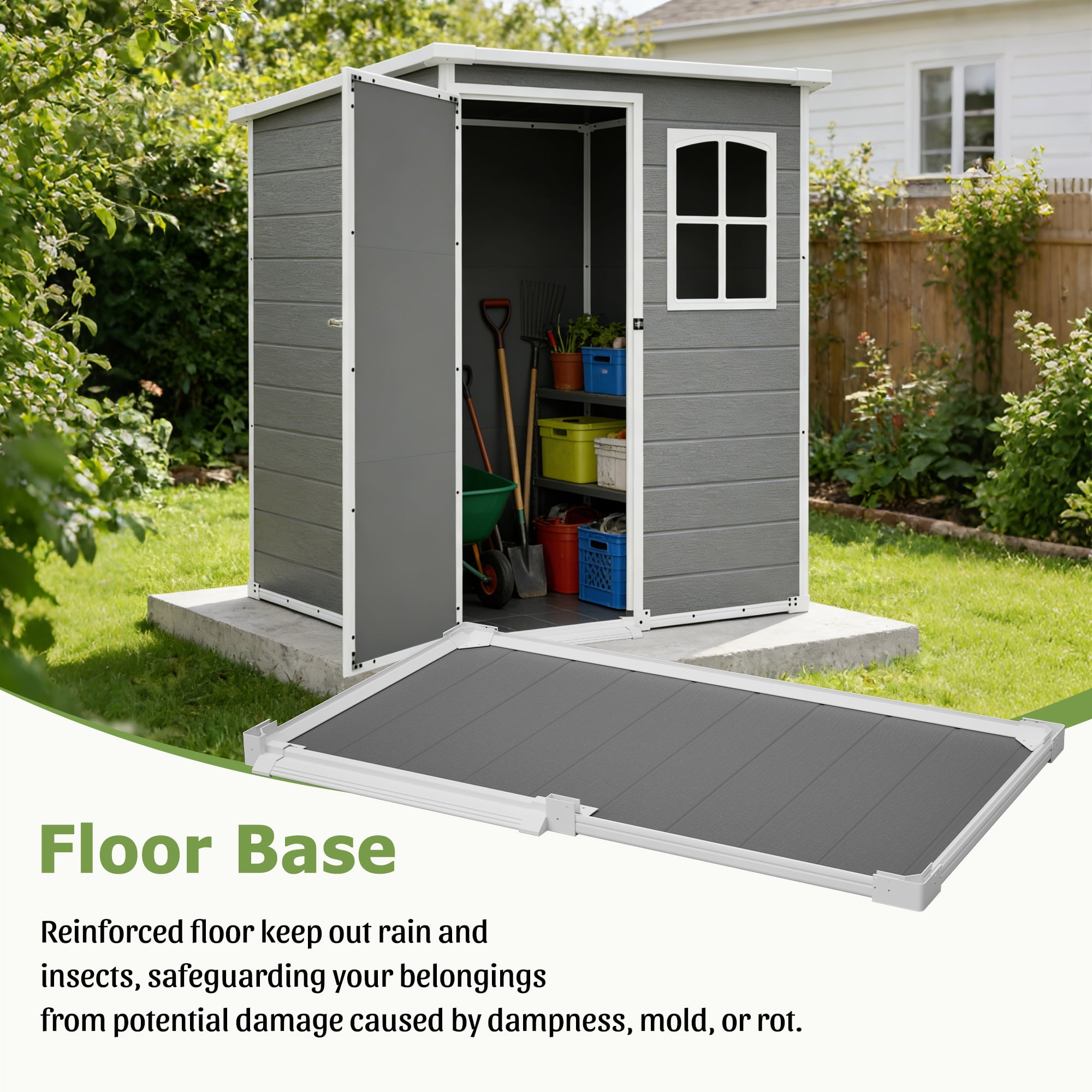 5 x 3 FT Resin Outdoor Storage Shed with Floor, Garden Plastic Shed with Lockable Door & Window for Backyard, Patio, Lawn