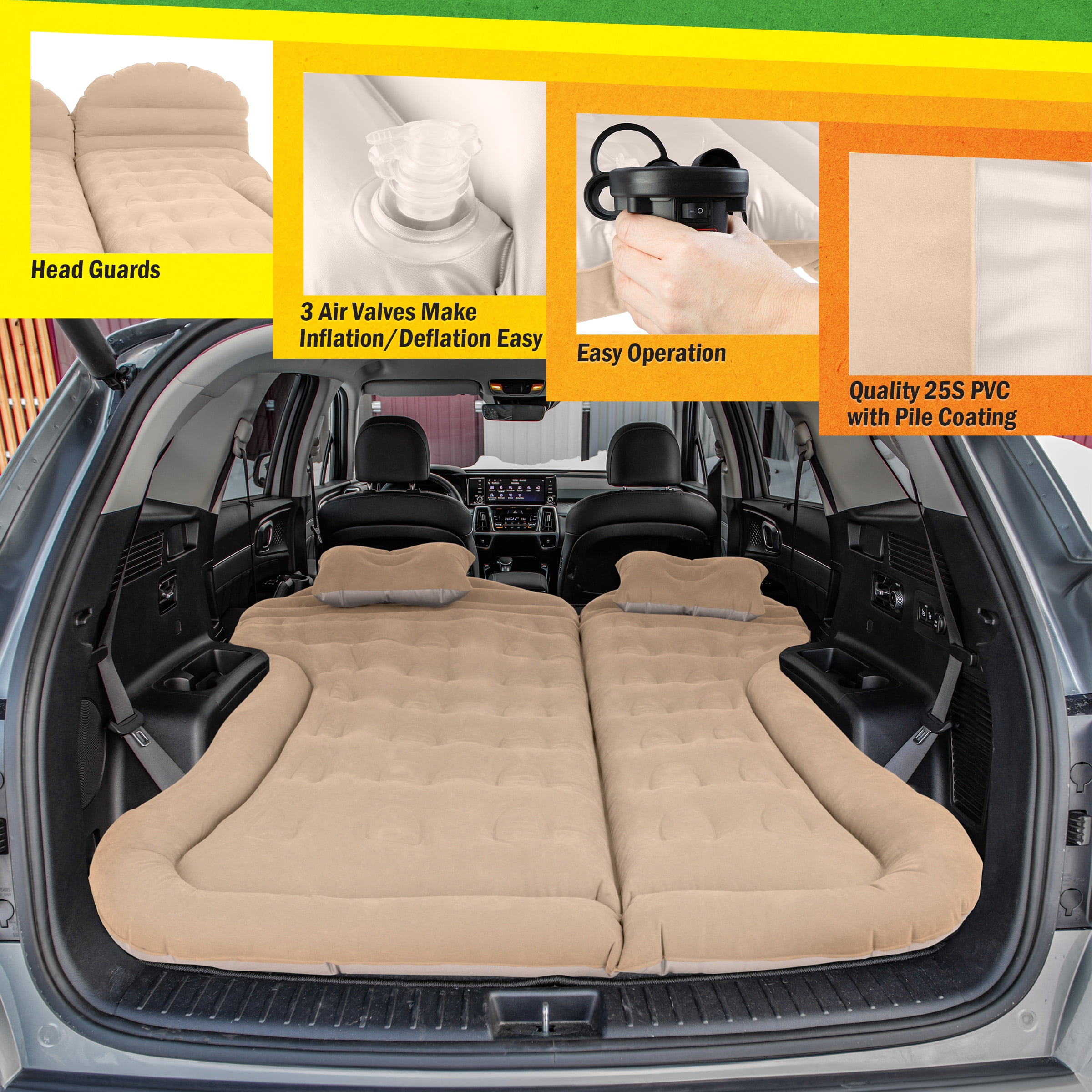 Wakeman Outdoors Inflatable Mattress - Car Air Mattress for SUV or Tent with Aux Outlet Pump, 2 Inflatable Pillows, Car Camping Gear, Beige