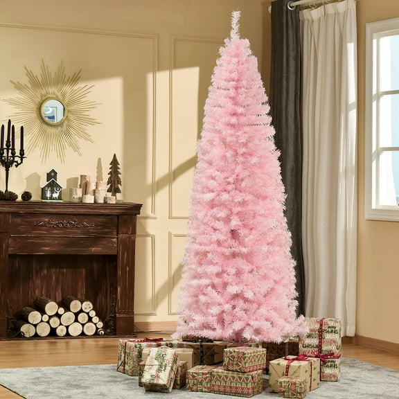 HOMCOM 7' Tall Unlit Slim Douglas Fir Artificial Christmas Tree, Pink