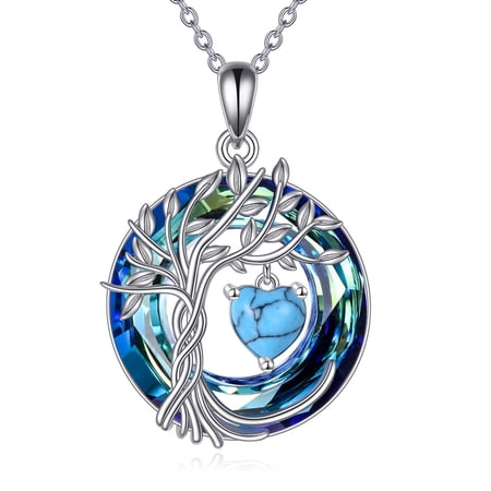 YAFEINI Tree of Life Necklace December Birthstone Turquoise Pendant Necklaces with Crystal Anniversary Birthday Wedding Jewelry for Mom Her Wife Sister