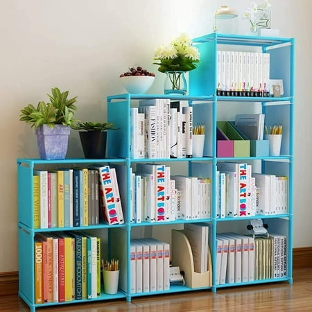 Kid Adjustable Bookcase Storage Bookshelf with 9 Cube Book Shelves For Kids Adult, Blue