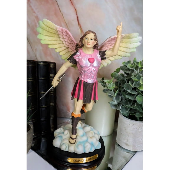 Catholic Church Colorful Archangel Chamuel With Red Heart And Sword Statue 10"H