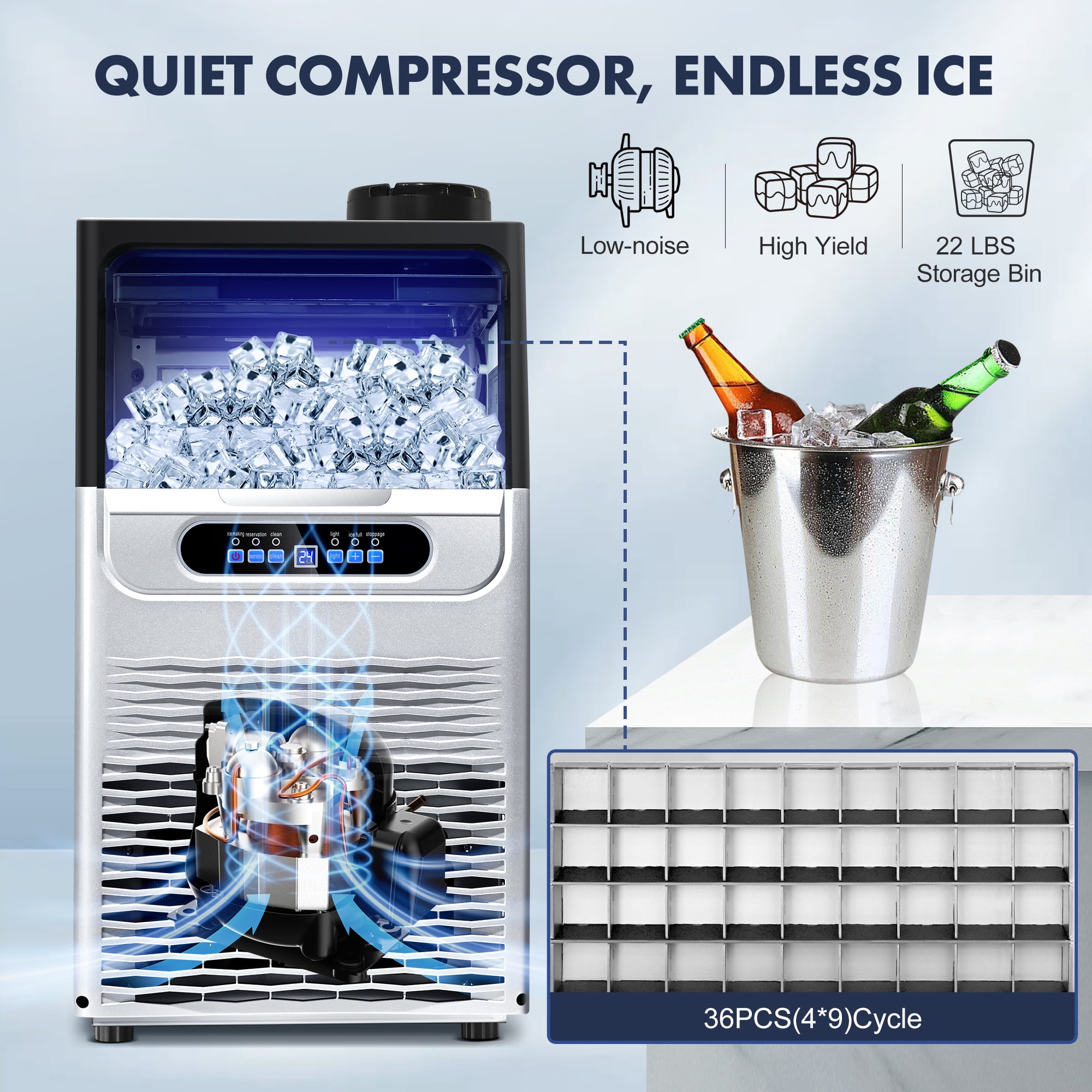 Commercial Ice Maker Machine 100LBS/24H Stainless Steel, Adjustable Thickness, Quiet Auto Clean, for Bar Hotel Catering‌