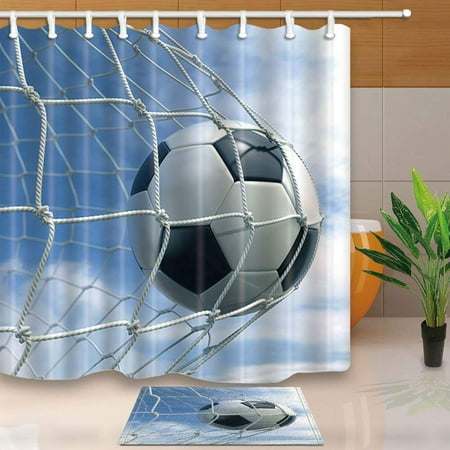 WOPOP Sporter Football Decor 3D Rendering of a Soccer Ball in a Net Shower Curtain 66x72 inches with Floor Doormat Bath Rugs 15.7x23.6