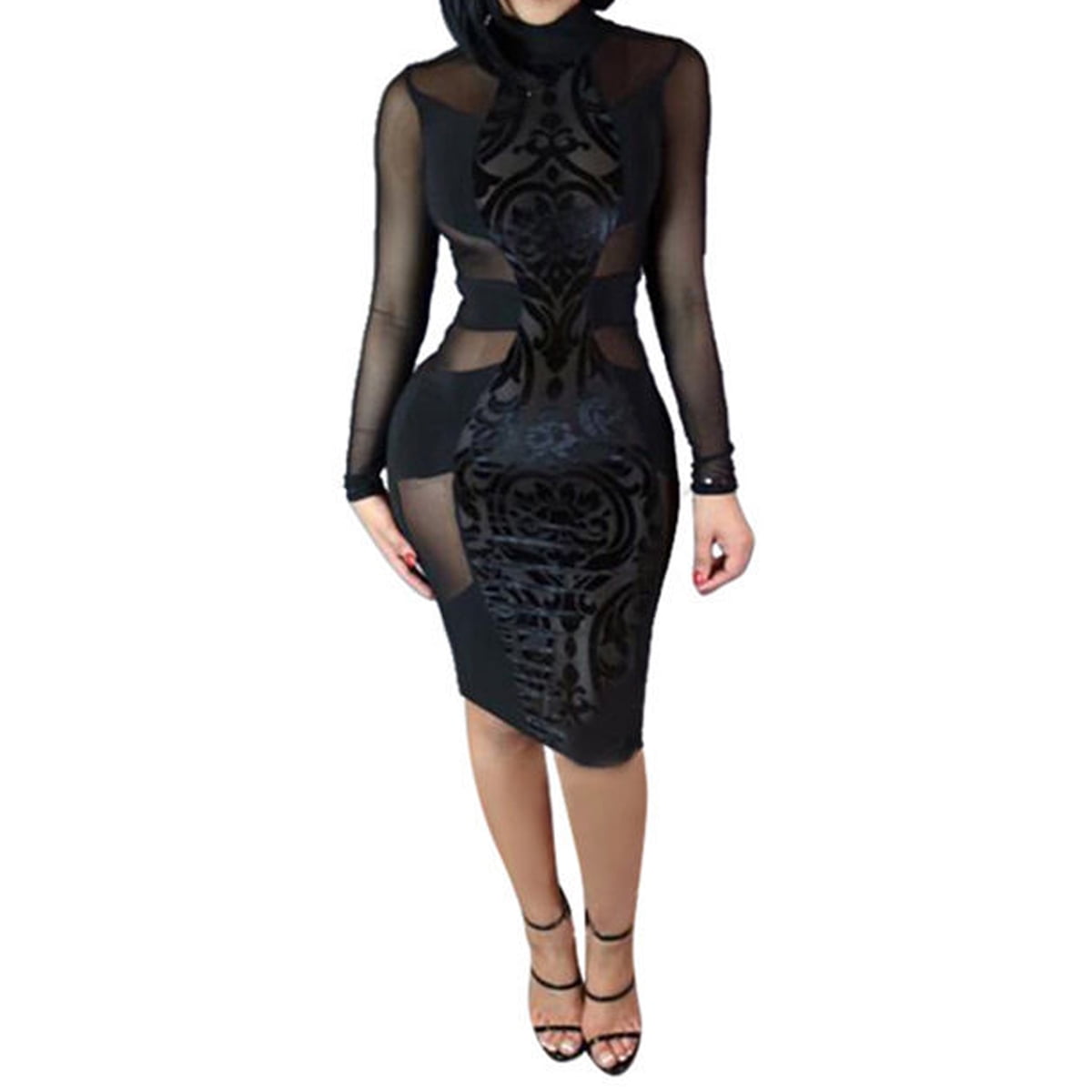 XBTCLXEBCO - Womens See Through Long Sleeve Party Bodycon Floral Slim Dress - Walmart.com 
