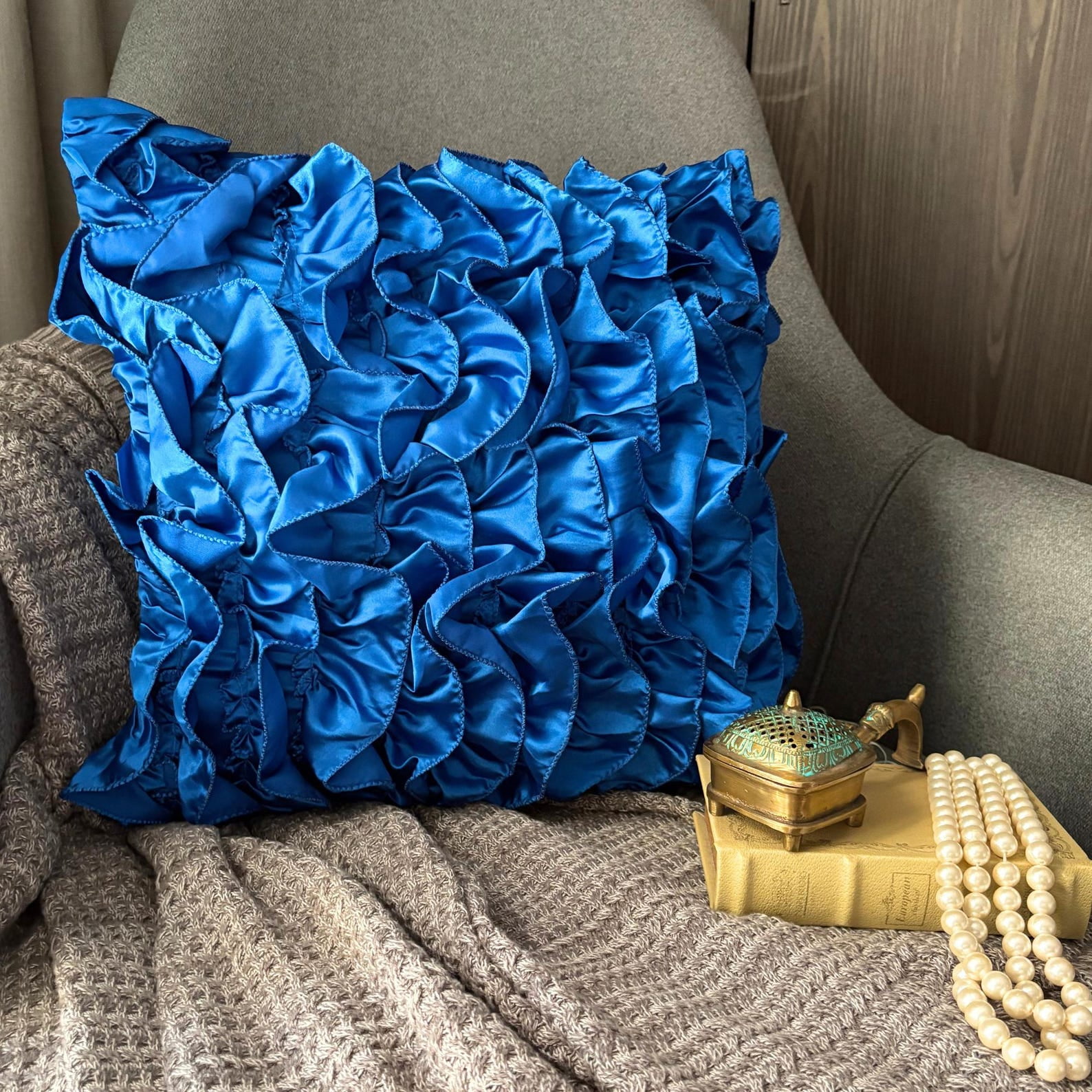 The HomeCentric Pillow Covers Blue Throw Pillows Cover Vintage Ruffles Shabby Chic Pillowcases Pack of 2 14x14 inch (35x35 cm) Pillow Covers Square Satin Pillows Covers Couch Solid-Vintage Blues