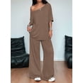 thumbnail image 6 of Women'S 2 Piece Travel Outfits Casual Short Sleeve Knit Sweater Set Wide Leg Pants Lounge Sets Dark Brown M, 6 of 8