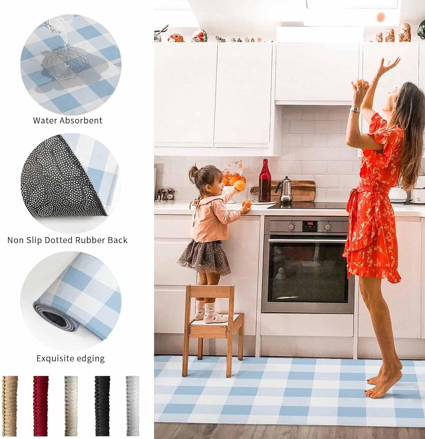 Easter Kitchen Rugs and Mats 2 Pieces Blue Buffalo Plaid Runner Rug Sets White Check Soft Comfort Standing Kitchen Mats for Floor Absorbent Area Rugs Carpet Farmhouse Cushioned Doormat Home Decor