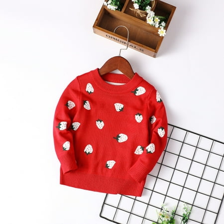 

Hbdhejl Sweater For Girls Cartoon Strawberry Prints Sweater Long Sleeve Warm Knitted Pullover Knitwear Tops Sweater Red 5-6 Years