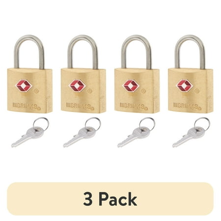 (3 pack) Brinks Solid Brass 22mm TSA Travel Keyed Padlock with 1/2in Shackle, 4 pack
